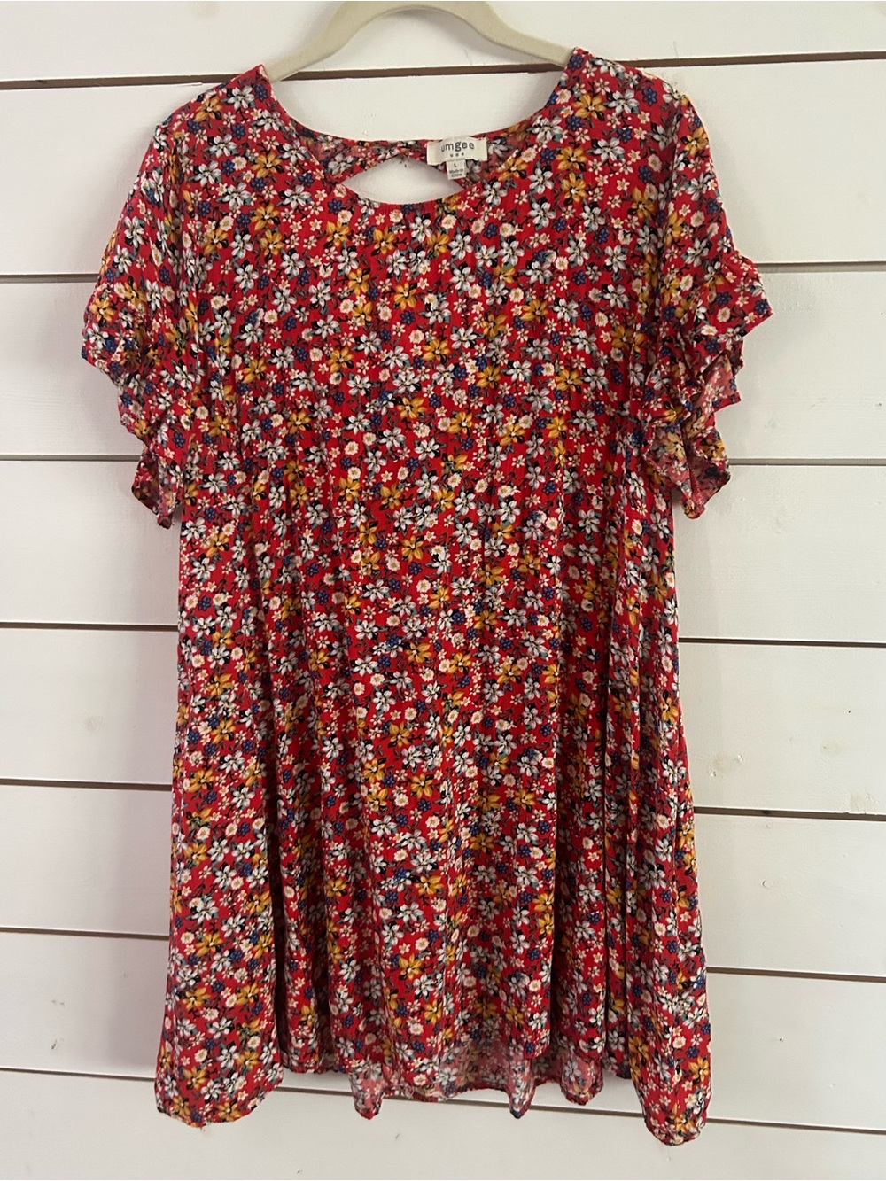 Umgee Red Floral Flowy Ditsy Babydoll Pockets Cut Out Top Size Women’s Large
